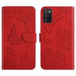For Samsung Galaxy A03s 165.85mm Skin Feel Butterfly Peony Embossed Leather Phone Case(Red)