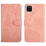 For Samsung Galaxy A12 Skin Feel Butterfly Peony Embossed Leather Phone Case(Pink)