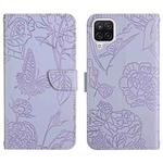 For Samsung Galaxy A12 Skin Feel Butterfly Peony Embossed Leather Phone Case(Purple)