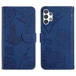 For Samsung Galaxy A13 4G Skin Feel Butterfly Peony Embossed Leather Phone Case(Blue)