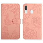For Samsung Galaxy A20e Skin Feel Butterfly Peony Embossed Leather Phone Case(Pink)