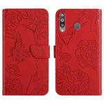 For Samsung Galaxy A20s Skin Feel Butterfly Peony Embossed Leather Phone Case(Red)