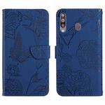 For Samsung Galaxy A20s Skin Feel Butterfly Peony Embossed Leather Phone Case(Blue)