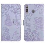 For Samsung Galaxy A20s Skin Feel Butterfly Peony Embossed Leather Phone Case(Purple)