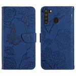 For Samsung Galaxy A21 Skin Feel Butterfly Peony Embossed Leather Phone Case(Blue)
