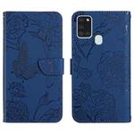 For Samsung Galaxy A21s Skin Feel Butterfly Peony Embossed Leather Phone Case(Blue)