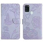 For Samsung Galaxy A21s Skin Feel Butterfly Peony Embossed Leather Phone Case(Purple)