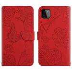 For Samsung Galaxy A22 5G Skin Feel Butterfly Peony Embossed Leather Phone Case(Red)