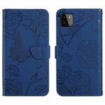 For Samsung Galaxy A22 5G Skin Feel Butterfly Peony Embossed Leather Phone Case(Blue)