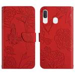 For Samsung Galaxy A40 Skin Feel Butterfly Peony Embossed Leather Phone Case(Red)