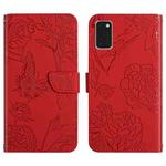 For Samsung Galaxy A41 Skin Feel Butterfly Peony Embossed Leather Phone Case(Red)
