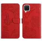 For Samsung Galaxy A42 5G Skin Feel Butterfly Peony Embossed Leather Phone Case(Red)