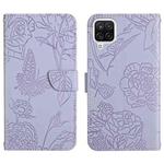 For Samsung Galaxy A42 5G Skin Feel Butterfly Peony Embossed Leather Phone Case(Purple)