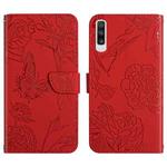 For Samsung Galaxy A70 Skin Feel Butterfly Peony Embossed Leather Phone Case(Red)