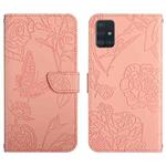 For Samsung Galaxy A71 Skin Feel Butterfly Peony Embossed Leather Phone Case(Pink)