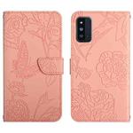 For Samsung Galaxy F52 5G Skin Feel Butterfly Peony Embossed Leather Phone Case(Pink)