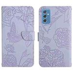 For Samsung Galaxy M52 5G Skin Feel Butterfly Peony Embossed Leather Phone Case(Purple)