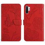 For Samsung Galaxy Note10+ Skin Feel Butterfly Peony Embossed Leather Phone Case(Red)