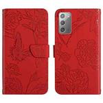 For Samsung Galaxy Note20 Skin Feel Butterfly Peony Embossed Leather Phone Case(Red)
