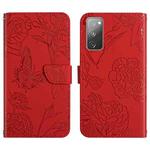 For Samsung Galaxy S20 FE Skin Feel Butterfly Peony Embossed Leather Phone Case(Red)