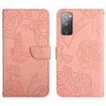 For Samsung Galaxy S20 FE Skin Feel Butterfly Peony Embossed Leather Phone Case(Pink)