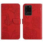 For Samsung Galaxy S20 Ultra Skin Feel Butterfly Peony Embossed Leather Phone Case(Red)
