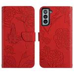 For Samsung Galaxy S21 5G Skin Feel Butterfly Peony Embossed Leather Phone Case(Red)