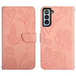 For Samsung Galaxy S21 FE 5G Skin Feel Butterfly Peony Embossed Leather Phone Case(Pink)