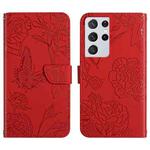 For Samsung Galaxy S21 Ultra 5G Skin Feel Butterfly Peony Embossed Leather Phone Case(Red)