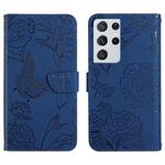 For Samsung Galaxy S21 Ultra 5G Skin Feel Butterfly Peony Embossed Leather Phone Case(Blue)