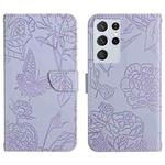 For Samsung Galaxy S21 Ultra 5G Skin Feel Butterfly Peony Embossed Leather Phone Case(Purple)