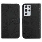 For Samsung Galaxy S21 Ultra 5G Skin Feel Butterfly Peony Embossed Leather Phone Case(Black)