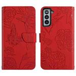 For Samsung Galaxy S22 5G Skin Feel Butterfly Peony Embossed Leather Phone Case(Red)