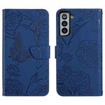 For Samsung Galaxy S22 5G Skin Feel Butterfly Peony Embossed Leather Phone Case(Blue)