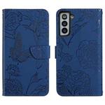 For Samsung Galaxy S22+ 5G Skin Feel Butterfly Peony Embossed Leather Phone Case(Blue)