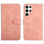 For Samsung Galaxy S22 Ultra 5G Skin Feel Butterfly Peony Embossed Leather Phone Case(Pink)