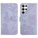 For Samsung Galaxy S22 Ultra 5G Skin Feel Butterfly Peony Embossed Leather Phone Case(Purple)