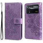 For Xiaomi Poco X4 Pro 5G 7-petal Flowers Embossed Flip Leather Phone Case(Light Purple)
