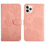 For iPhone 11 Pro Max Skin Feel Butterfly Peony Embossed Leather Phone Case (Pink)