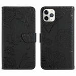For iPhone 11 Pro Max Skin Feel Butterfly Peony Embossed Leather Phone Case (Black)