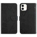 For iPhone 12 Skin Feel Butterfly Peony Embossed Leather Phone Case(Black)