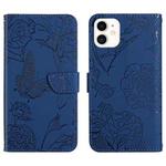 For iPhone 12 mini Skin Feel Butterfly Peony Embossed Leather Phone Case (Blue)