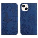 For iPhone 13 Skin Feel Butterfly Peony Embossed Leather Phone Case(Blue)