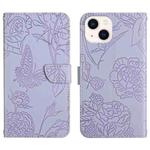 For iPhone 13 mini Skin Feel Butterfly Peony Embossed Leather Phone Case (Purple)