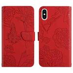 For iPhone X / XS Skin Feel Butterfly Peony Embossed Leather Phone Case(Red)