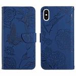 For iPhone X / XS Skin Feel Butterfly Peony Embossed Leather Phone Case(Blue)