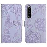 For Sony Xperia 1 IV Skin Feel Butterfly Peony Embossed Leather Phone Case(Purple)