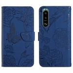 For Sony Xperia 5 III Skin Feel Butterfly Peony Embossed Leather Phone Case(Blue)