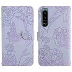 For Sony Xperia 5 III Skin Feel Butterfly Peony Embossed Leather Phone Case(Purple)