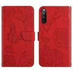 For Sony Xperia 10 III Skin Feel Butterfly Peony Embossed Leather Phone Case(Red)
